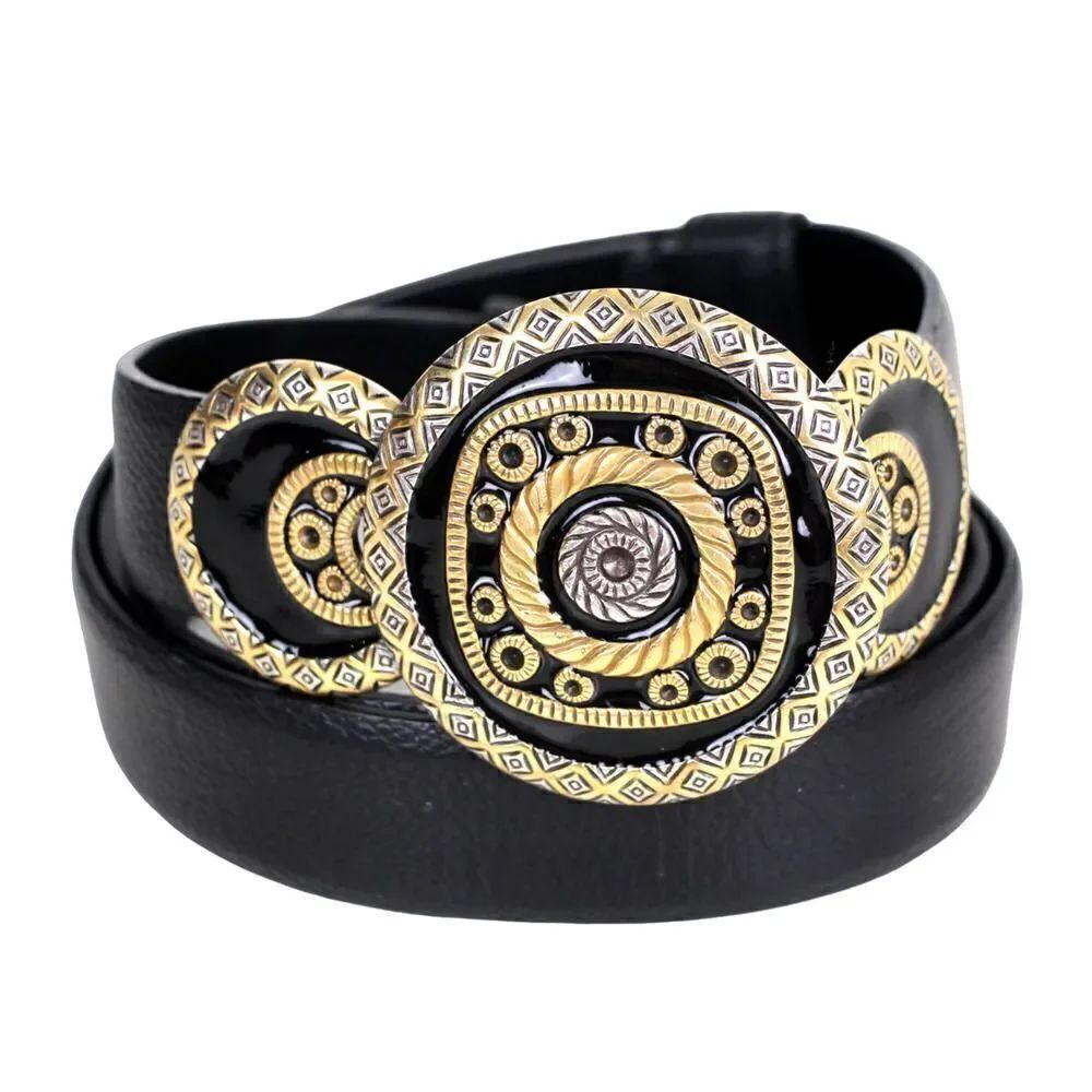 Chico's BLACK GENUINE LEATHER 1.25"Wd HOOK BUCKLE ADJUSTABLE SIZE BELT M/L (F83
